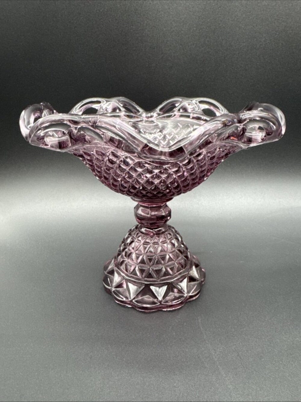 Vintage Imperial Glass Amethyst Purple Scallop Lace Diamond Compote Candy Dish